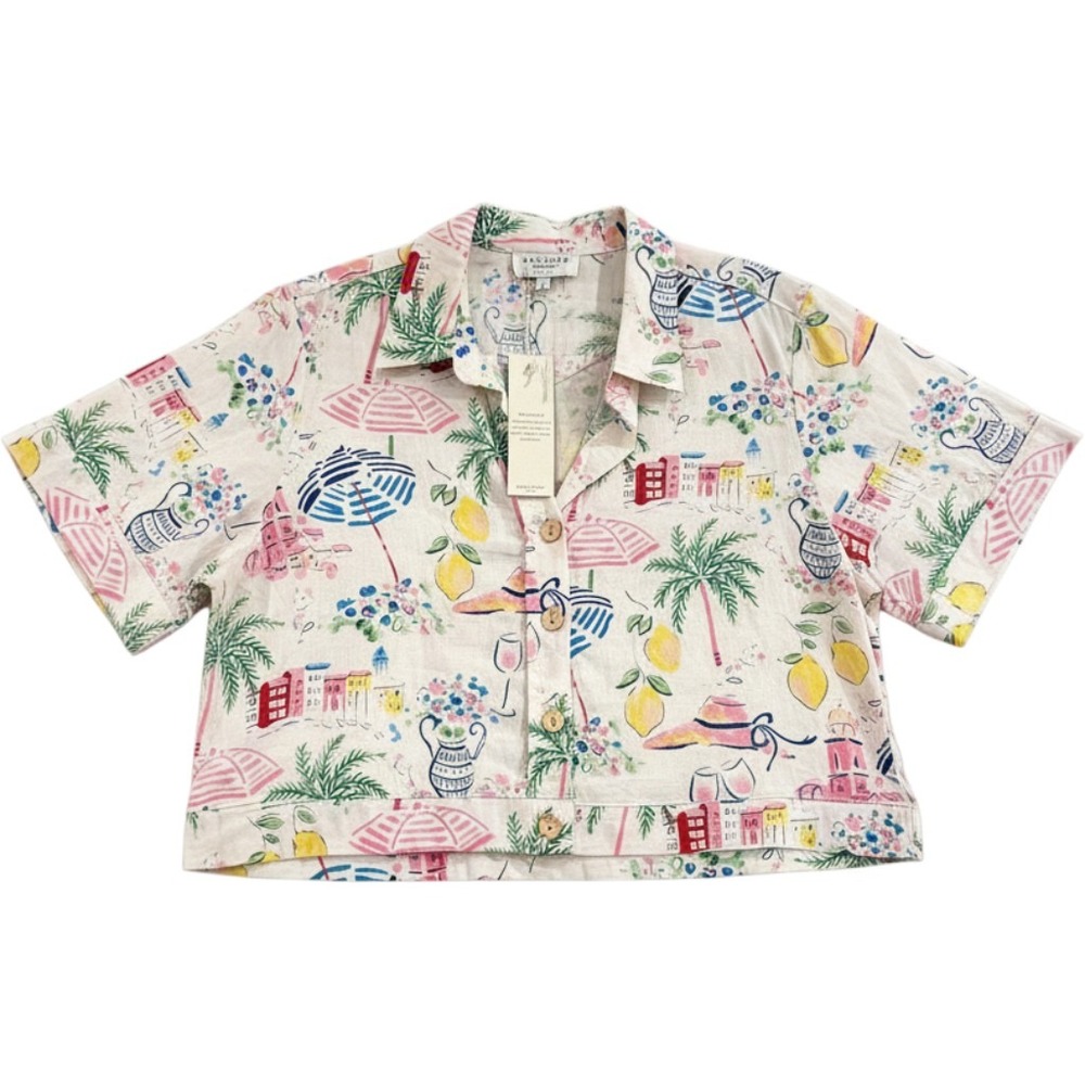 Calypso St Barth Button Down Shirt Womens L Linen Blend Beach Print Coastal Top